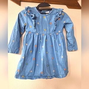 Hanna Andersson Girls Ruffle Embroidered Long Sleeve Chambray Dress Size 5